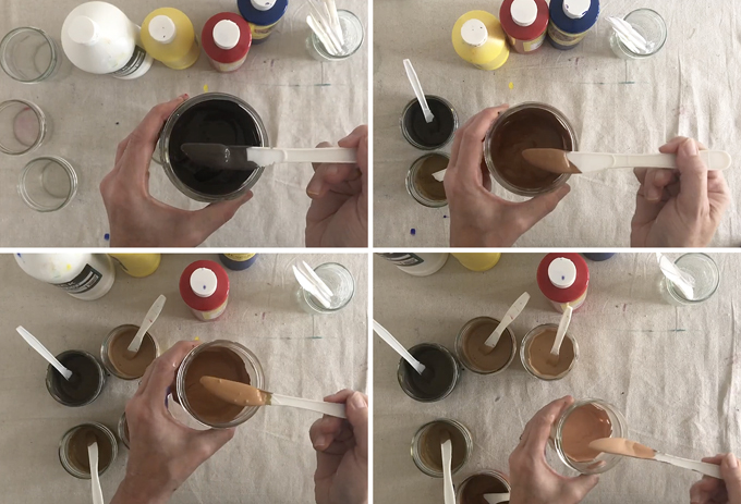 Utilisation de peintures à la tempera de couleurs primaires pour mélanger les tons de peau pour les cours d'art.