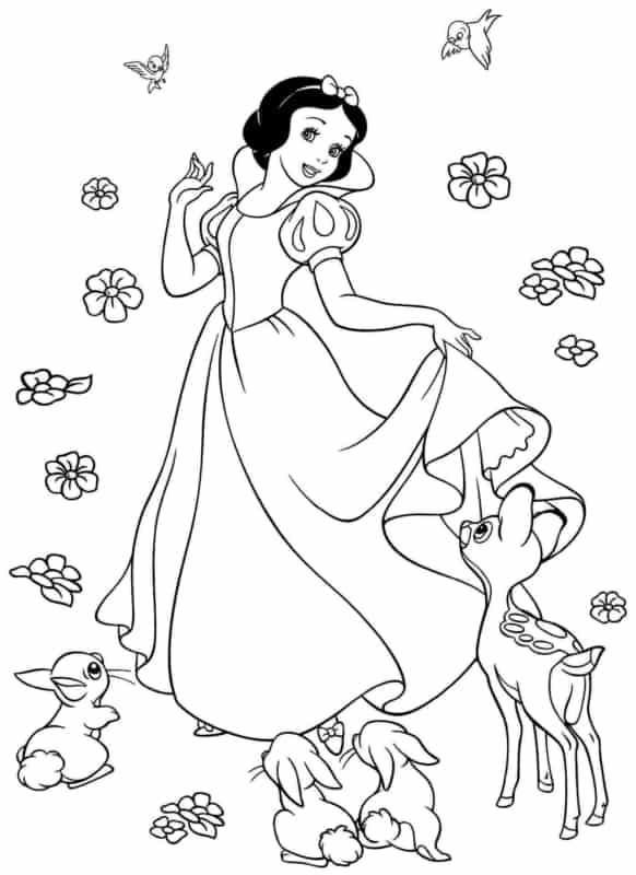 Coloriage de Blanche-Neige avec des animaux à imprimer et colorier