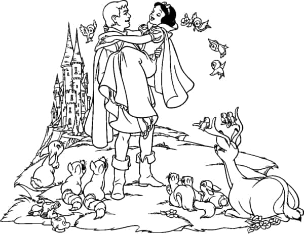 Blanche-Neige avec prince et animaux à colorier