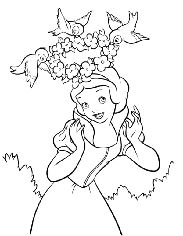 Coloriage de Blanche-Neige avec des oiseaux