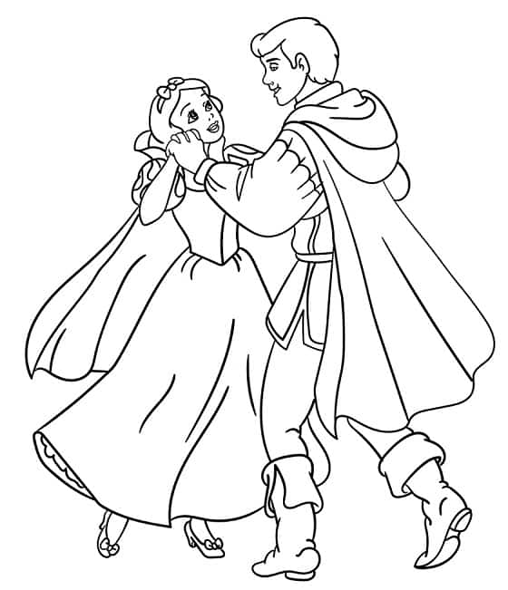 Coloriage de Blanche-Neige dansant avec le prince