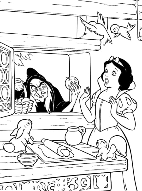 Coloriage de la sorcière offrant une civière à Blanche-Neige