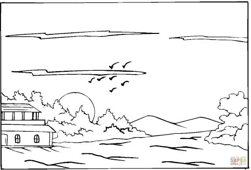 dessin de la nature avec coucher de soleil à peindre