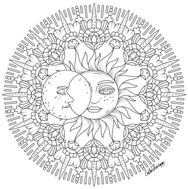 dessin détaillé du soleil et de la lune à peindre