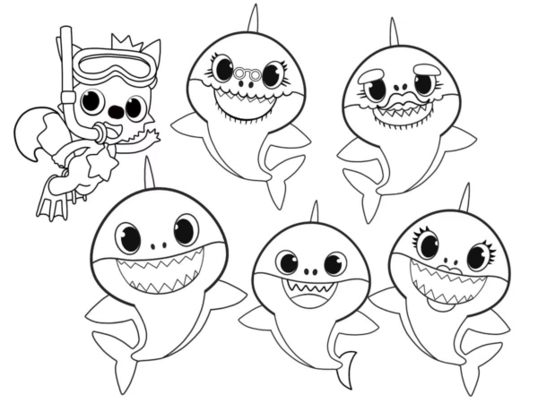 dessin simple famille de bébé requin à peindre