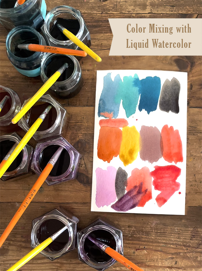Mélange de couleurs avec des peintures aquarelles liquides et des petits pots.