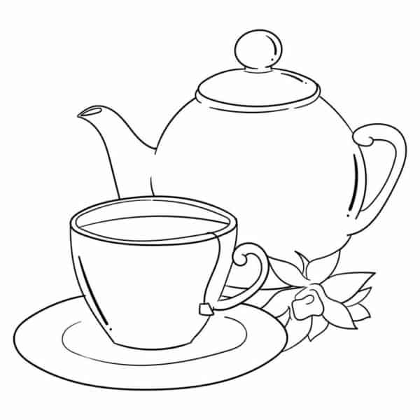 37 tasses à thé avec théière à colorier