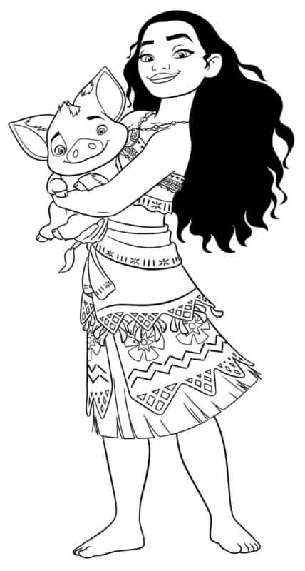 Coloriage de Vaiana avec un petit cochon Source Pinterest