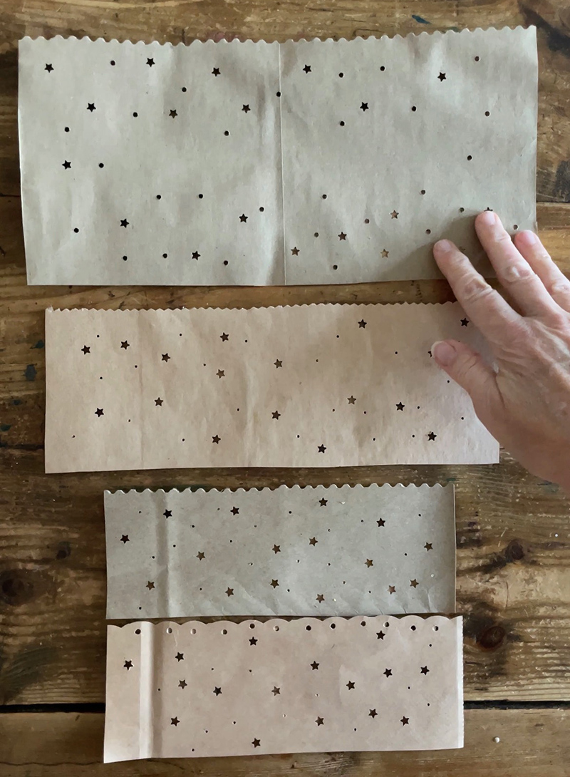 Sacs en papier brun avec bord découpé décoratif et trous percés pour fabriquer des luminaires